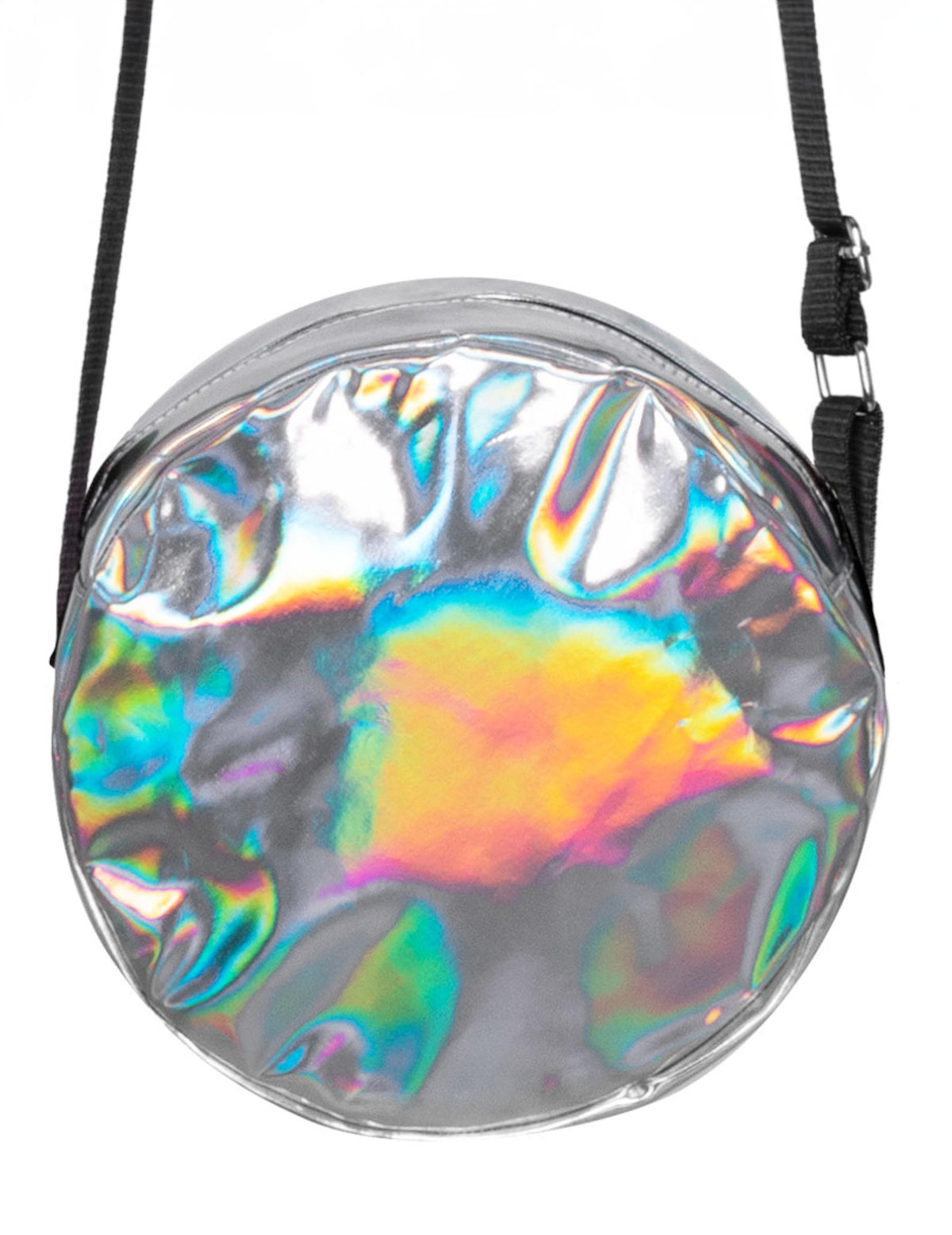 Gros plan sur la matière du sac à bandoulière rond holographique