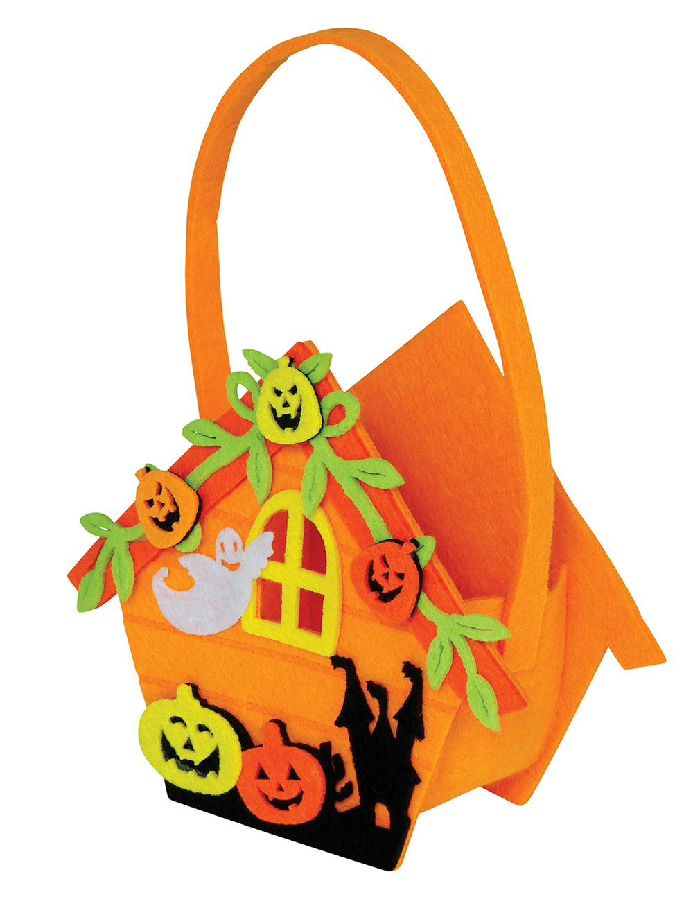 Sac à bonbons maison d'Halloween pour enfant orange en feutrine avec citrouilles et fantôme