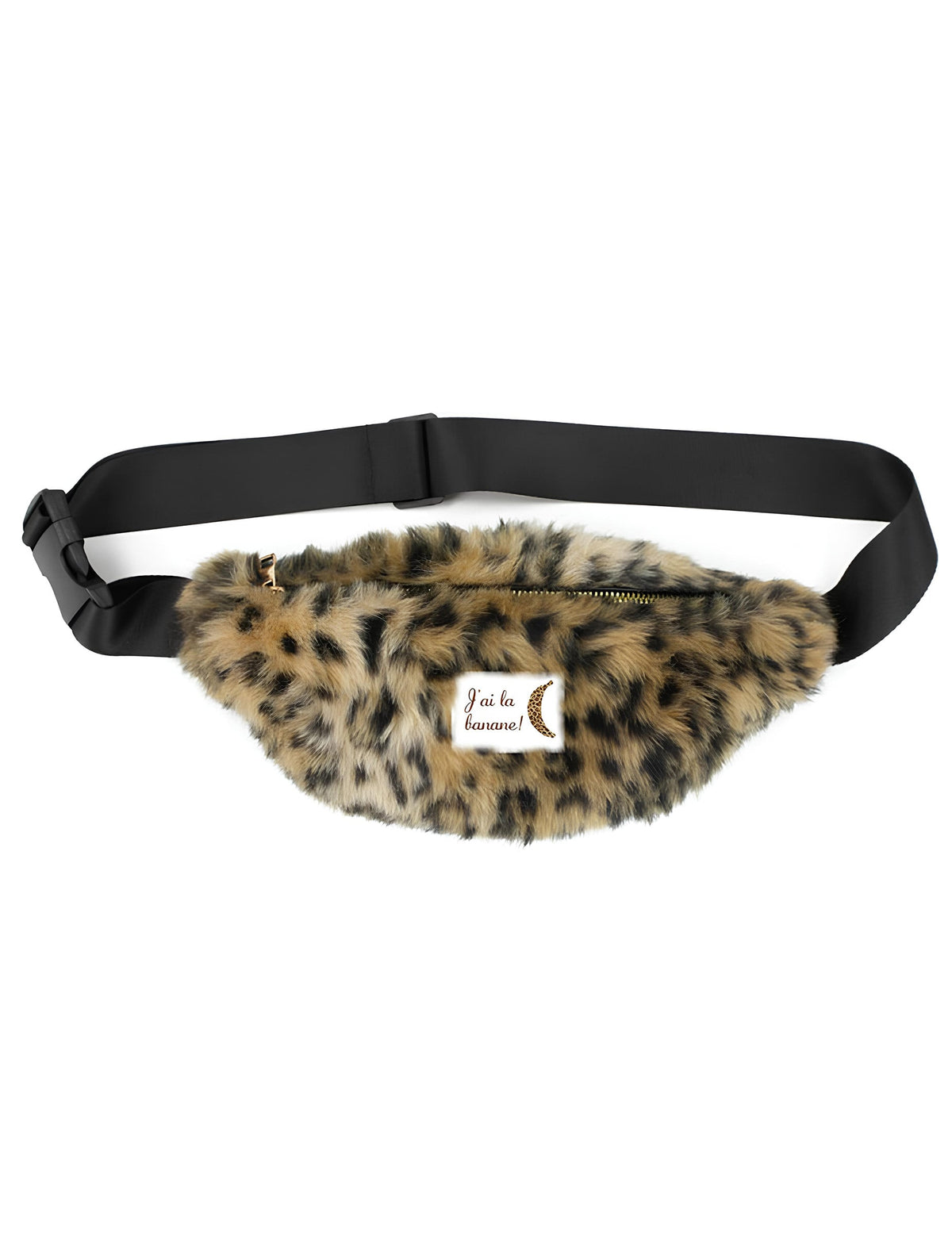 Vue d'ensemble avec sangle ajustable du sac banane à poils léopard
