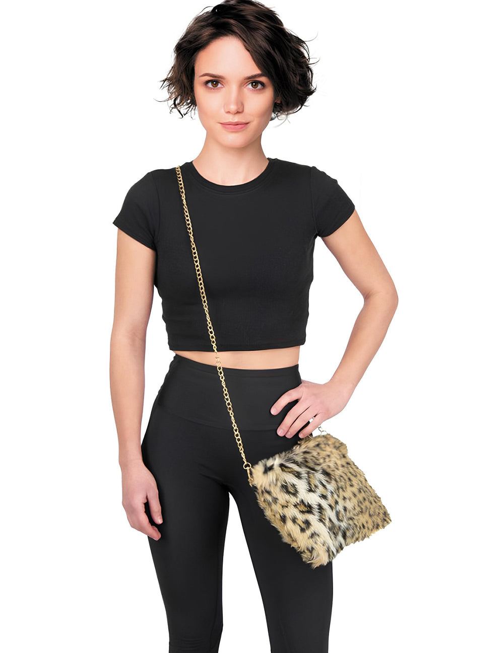 Sac bandoulière fourrure léopard pour femme avec chaîne dorée