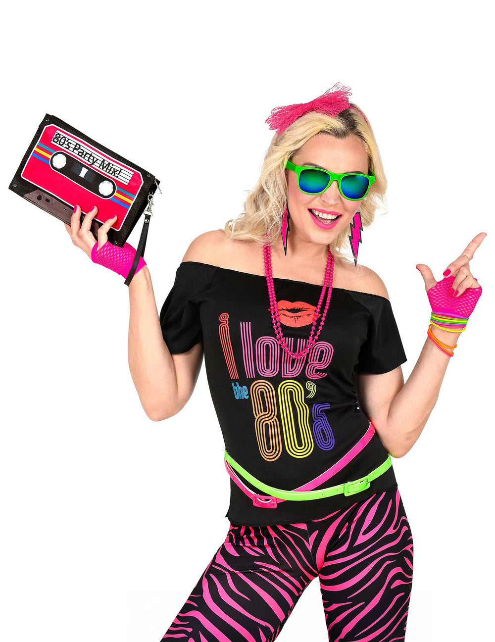 Mise en situation avec tenue fluo du sac cassette années 80 pour adulte