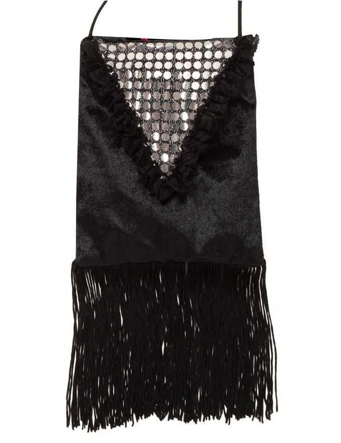 Sac charleston pour femme noir avec sequins argentés et franges