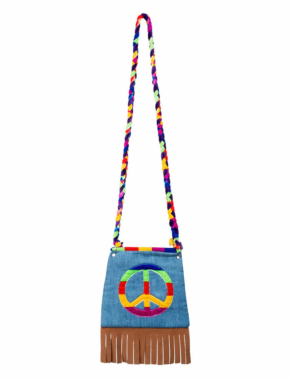 Sac hippie pour adulte en jean bleu avec symbole peace and love multicolore et franges