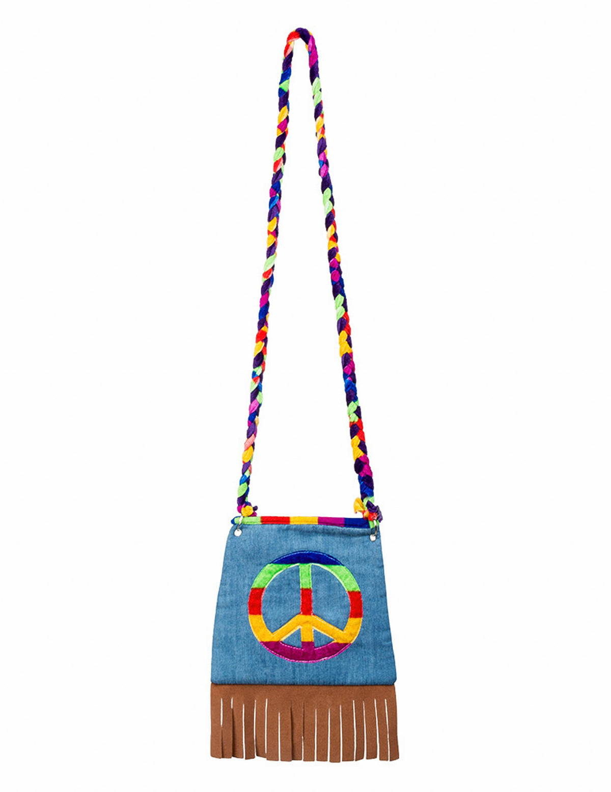 Sac hippie pour adulte en jean bleu avec symbole peace and love multicolore et franges