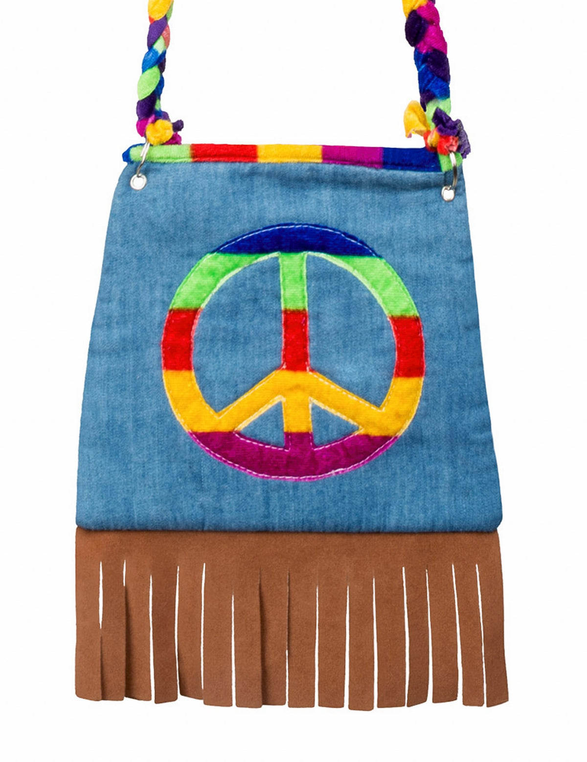 Gros plan sur le motif peace and love et les franges du sac hippie pour adulte