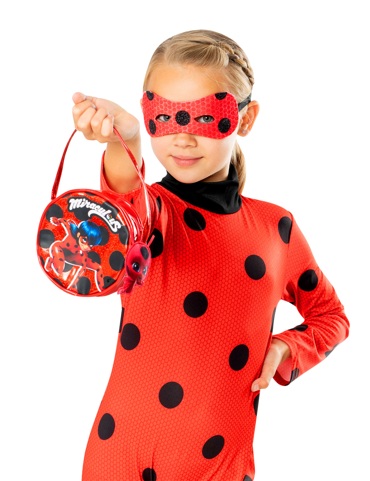 Gros plan sur le sac et le masque du sac Ladybug avec peluche Tikki Miraculous