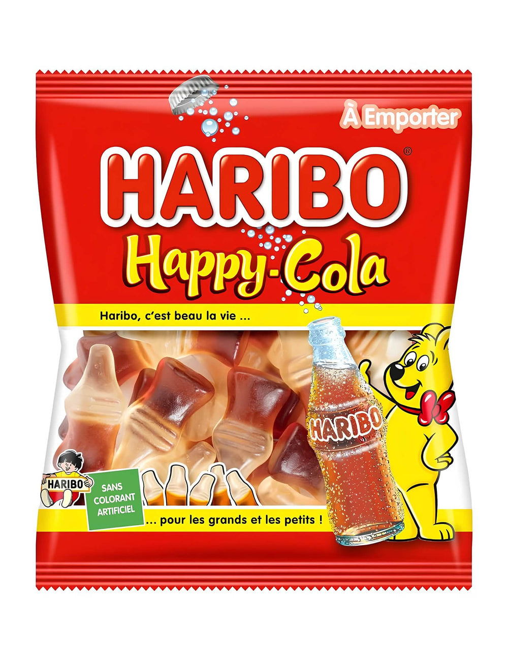 Saqueta de rebuçados Haribo Happy Cola para pequenos e grandes vermelho e amarelo