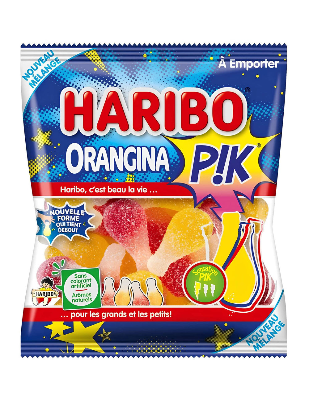Saqueta de rebuçados Orangina Pik Haribo para pequenos e graúdos, ácidos amarelos e vermelhos