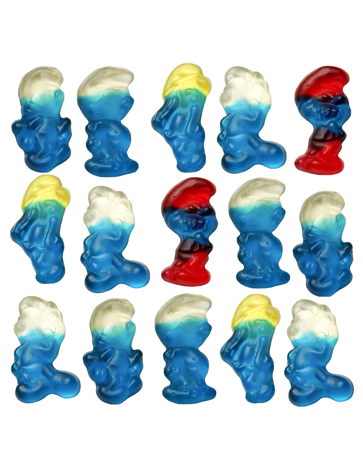 Vue d'ensemble des différentes figurines du sachet de bonbons Schtroumpfs Haribo