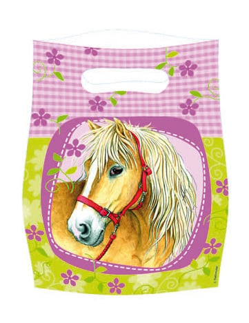 Sacs de fête chevaux pour enfants rose et vert avec portrait de cheval et fleurs