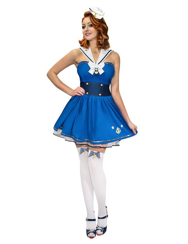 Déguisement de marin pinup pour femme bleu et blanc avec chapeau