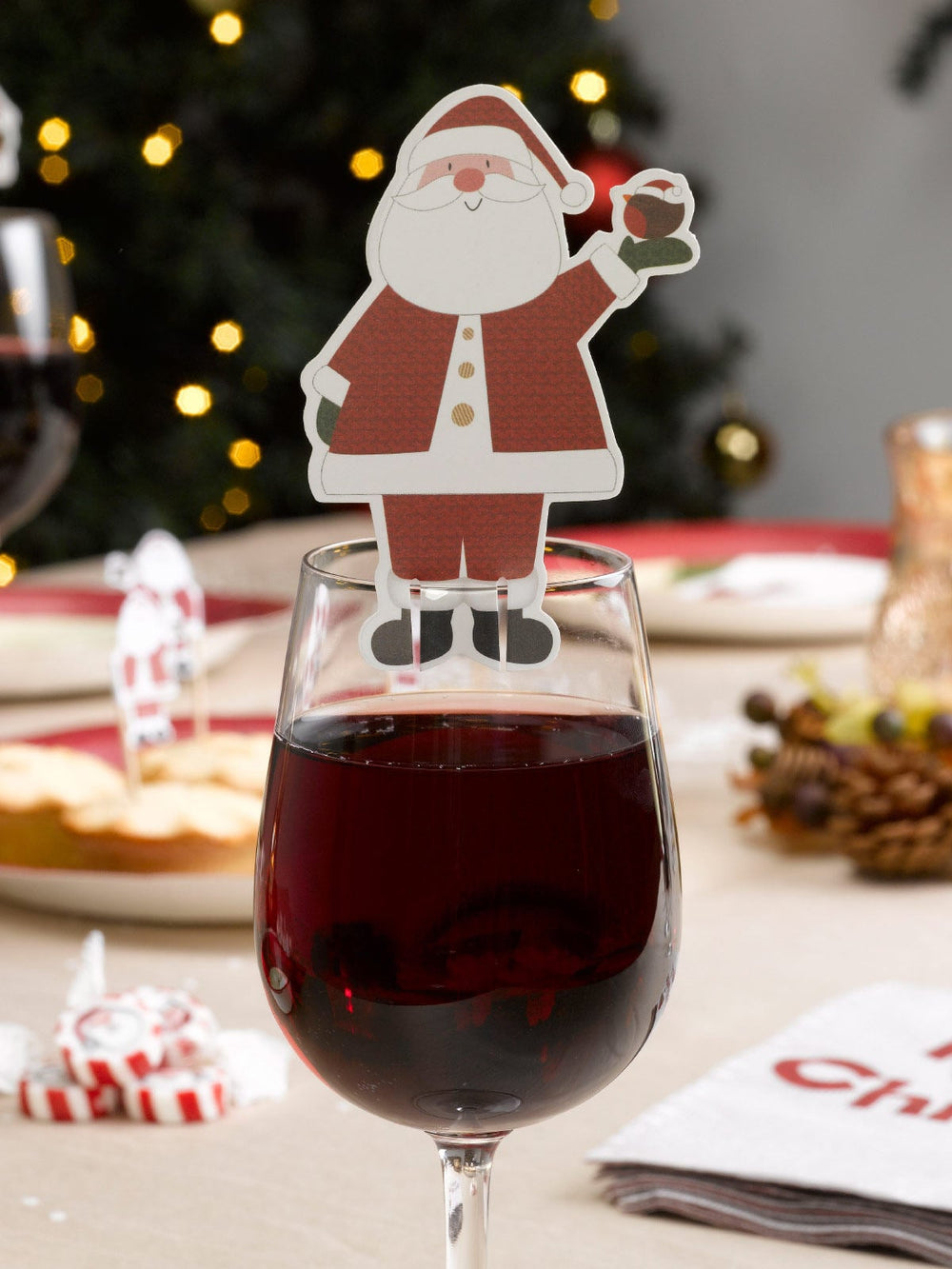 Marque-verre Père Noël pour table de fête rouge et blanc