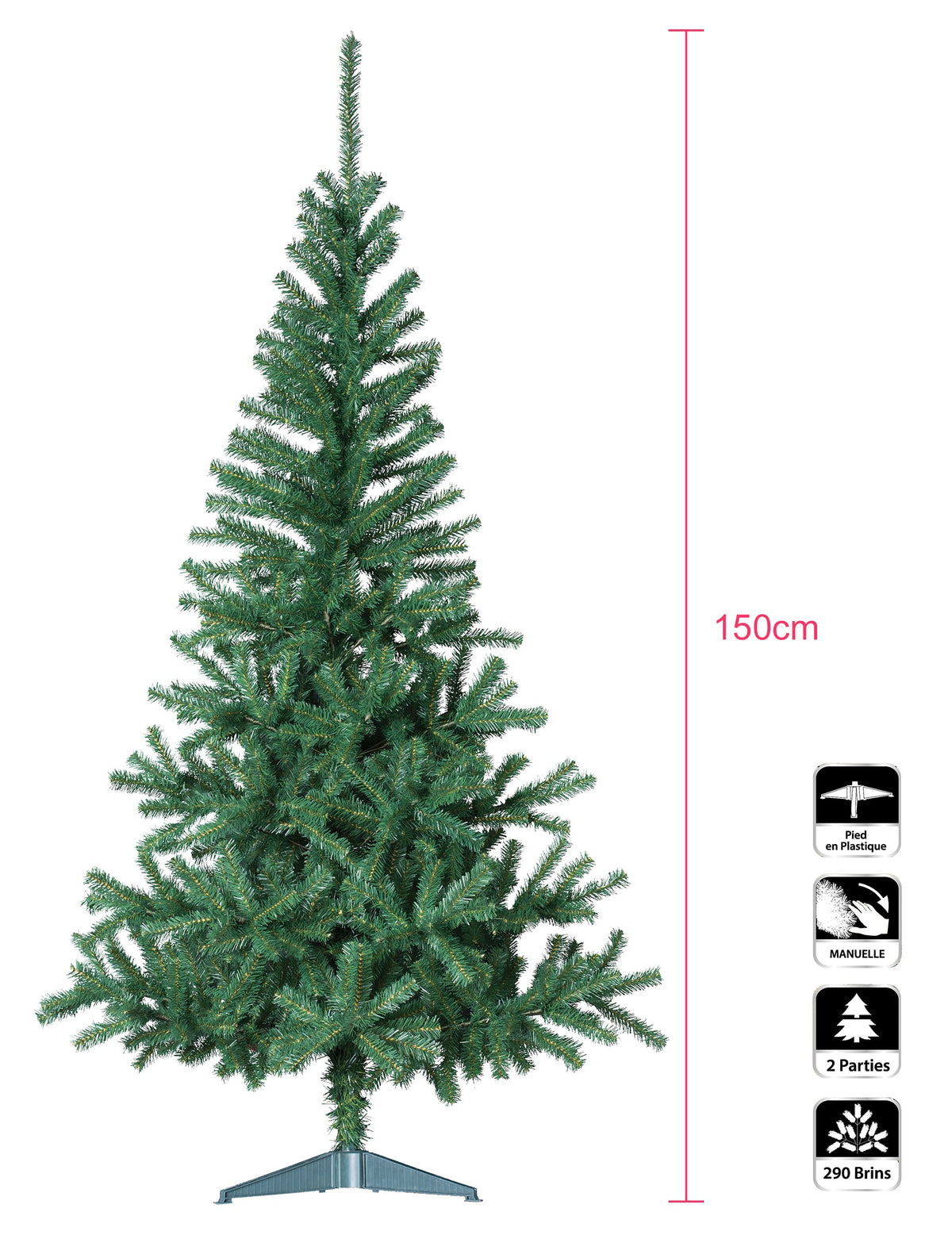 Dimensions et caractéristiques du sapin artificiel de Noël vert sur pied