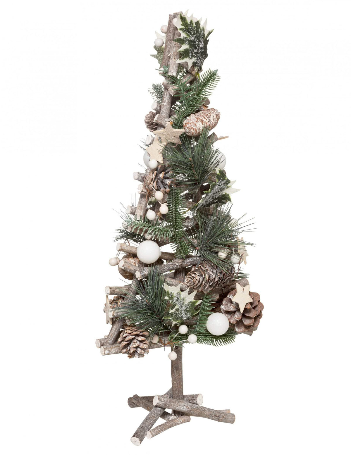 Árvore de natal de madeira natural com pinhas e bolas brancas