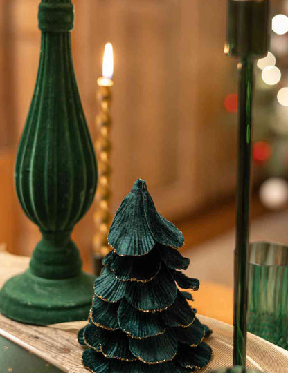 Árvore de Natal de veludo verde escuro e dourado 12 x 16 cm