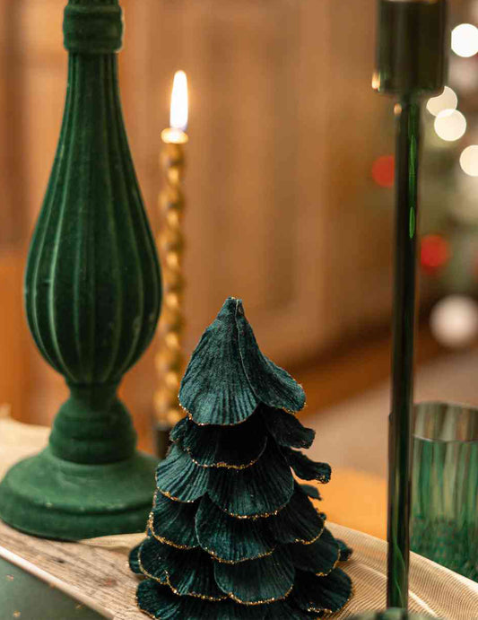 Árvore de Natal de veludo verde escuro e dourado 12 x 16 cm