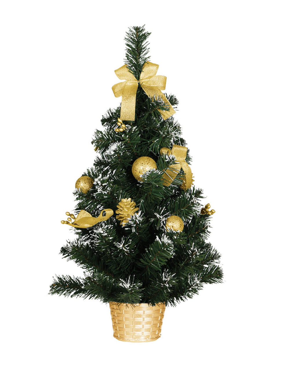 Sapin artificiel sur pied avec décorations dorées pour fête vert enneigé