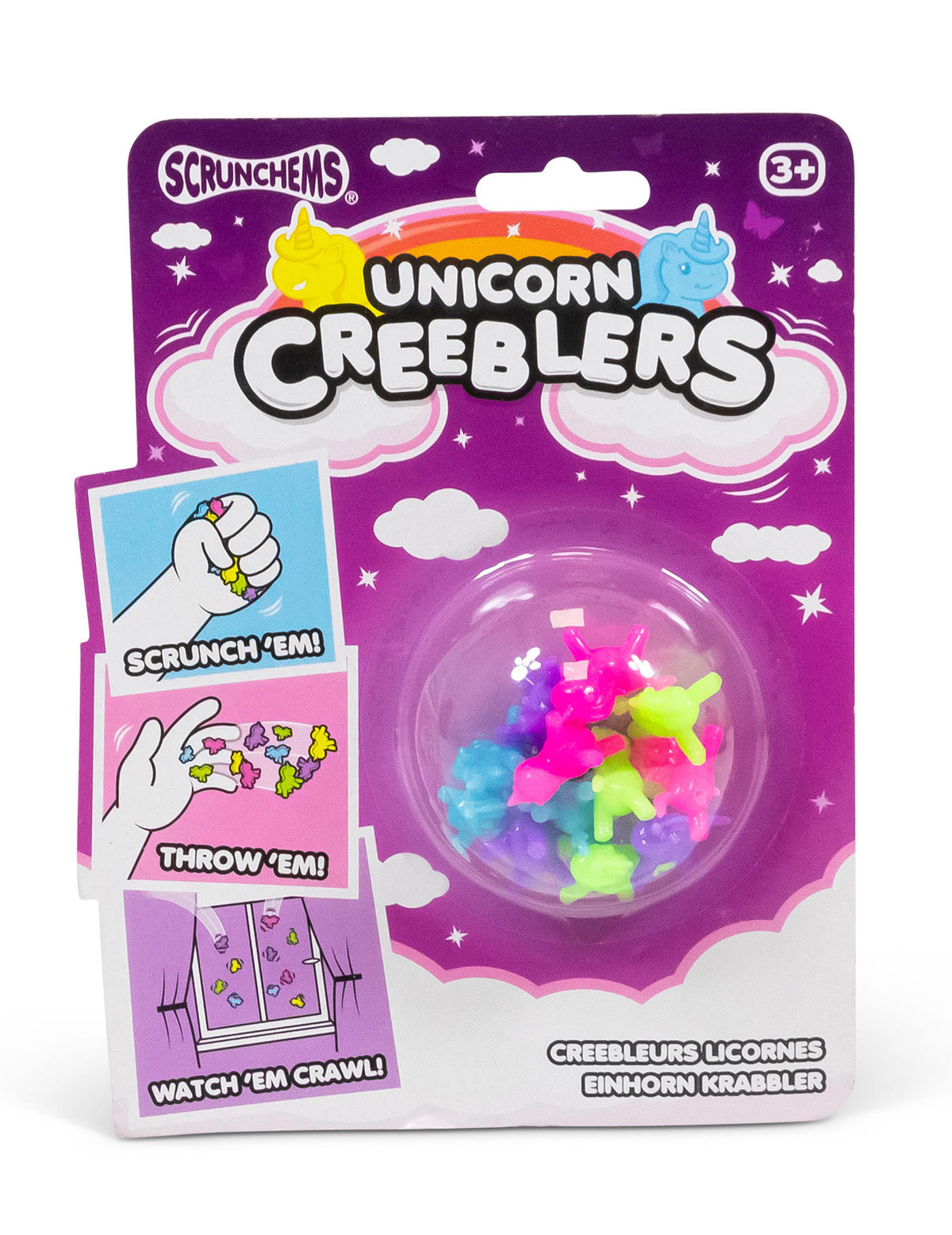 Vue de face de l'emballage des jouets licornes adhérentes Creeblers