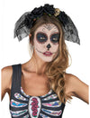 Serre-tête Dia De Los Muertos pour femme noir avec voile en dentelle et roses