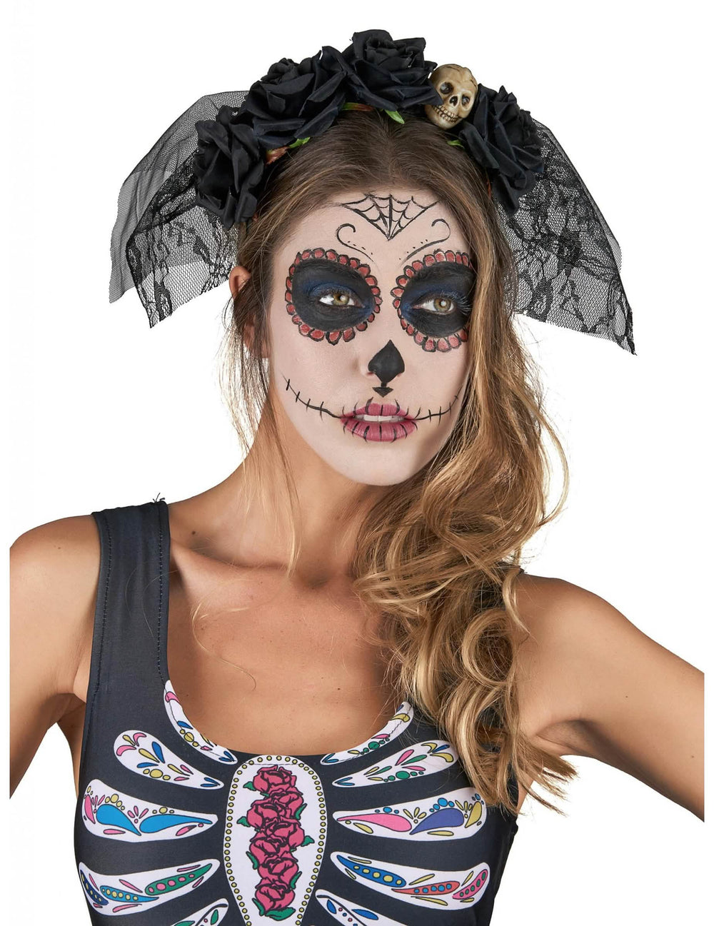 Bandolete Dia De Los Muertos para mulher preto com véu em renda e rosas