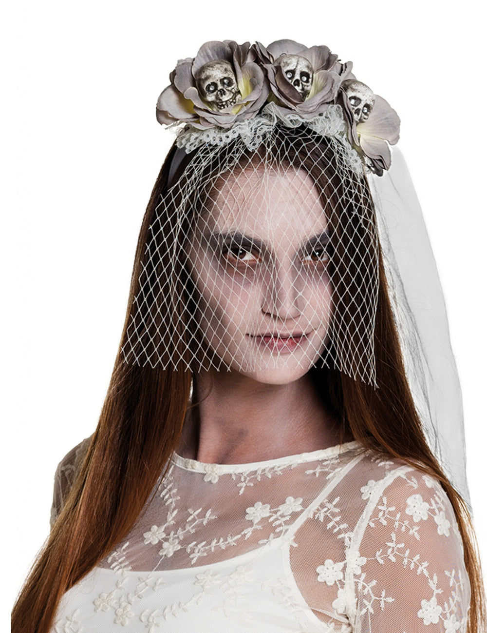 Serre-tête avec voile zombie pour femme blanc avec fleurs et têtes de mort