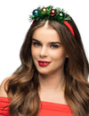 Serre-tête boules de Noël pour adulte rouge avec guirlande verte et boules colorées