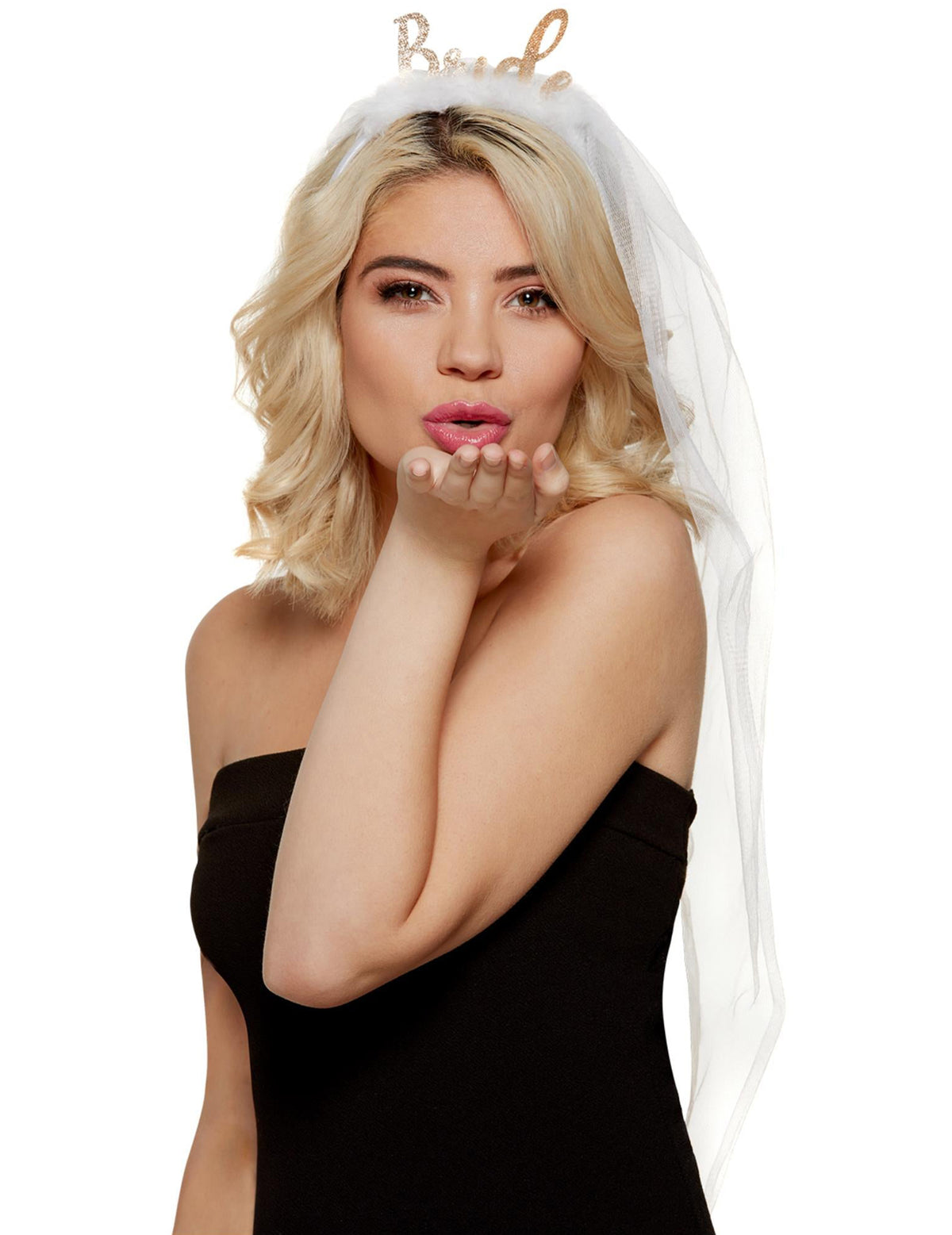 Serre-tête avec voile Bride EVJF pour femme blanc et doré à paillettes