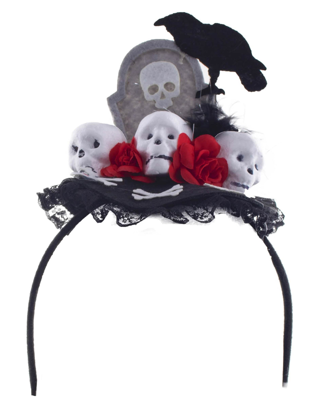 Bandolete de corvo Dia de los muertos para mulher preto com crânios e rosas vermelhas