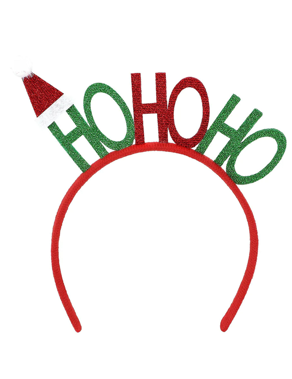 Gros plan sur l'inscription pailletée du serre-tête de Noël Ho Ho Ho