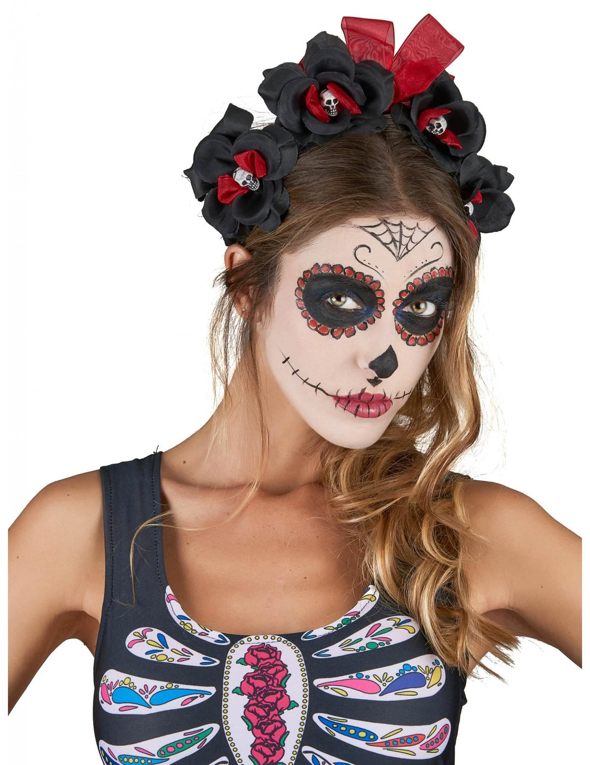 Bandolete flores Dia De Los Muertos para adulto preto e vermelho com pequenas cabeças de morto