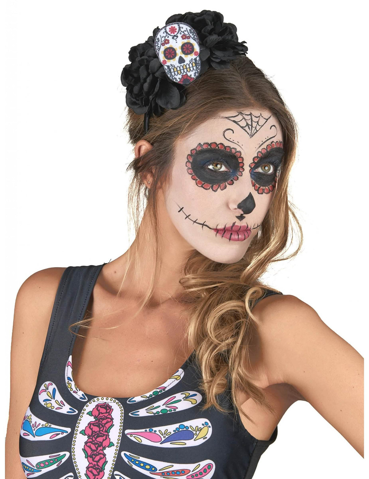 Bandolete de crânio Dia De Los Muertos para adulto multicores com flores pretas