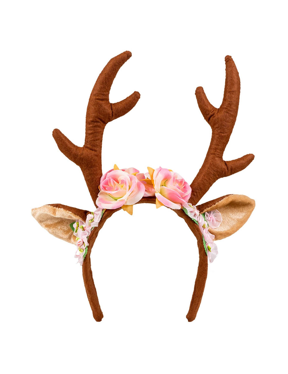 Detalhe das flores e das orelhas da bandolete de rena para mulher