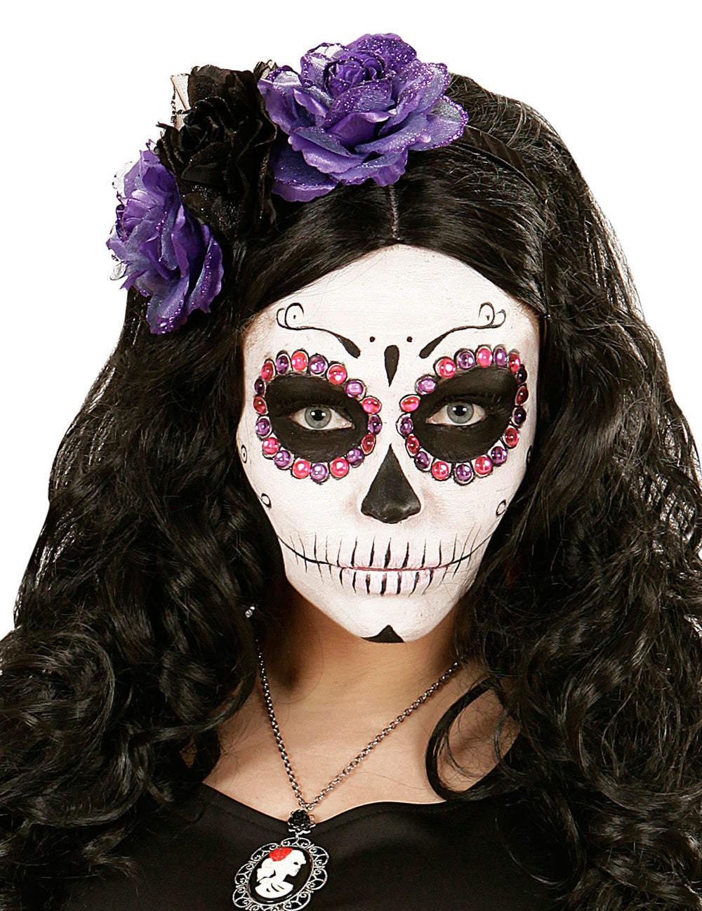 Serre-tête fleurs Dia de los muertos pour femme violettes et noires