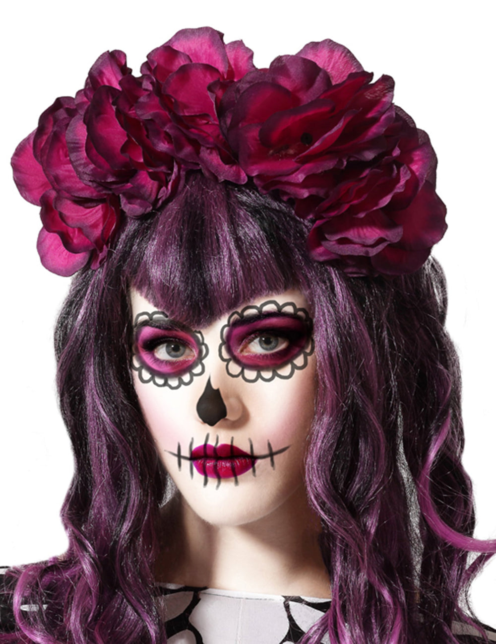 Serre-tête Dia de los muertos pour femme avec grosses fleurs roses