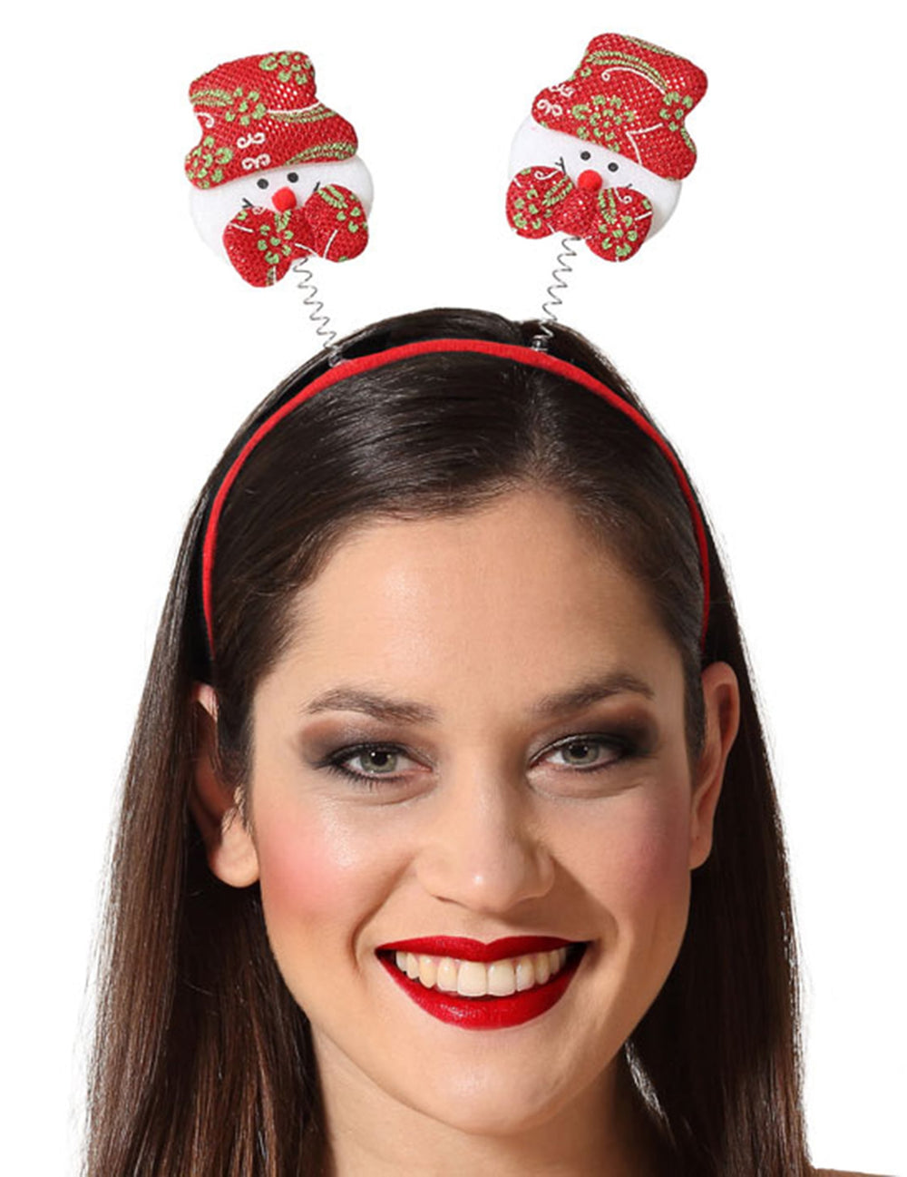 Serre-tête humoristiques bonhomme de neige pour adulte rouge avec ressorts et paillettes