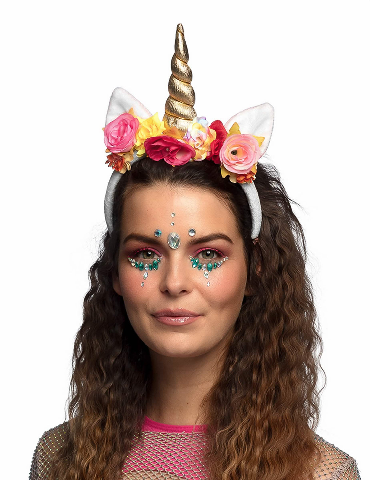Bandolete de unicórnio encantado para mulher branco com cor dourada e flores coloridas
