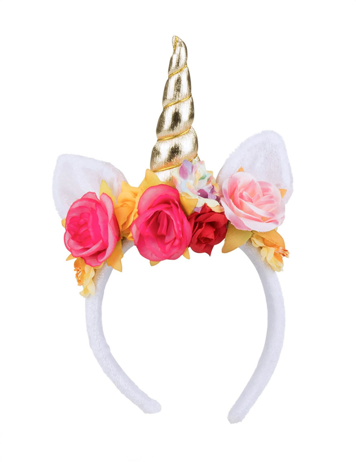 Bandolete de unicórnio encantado para mulher branco com corno dourado e flores multicoloridas