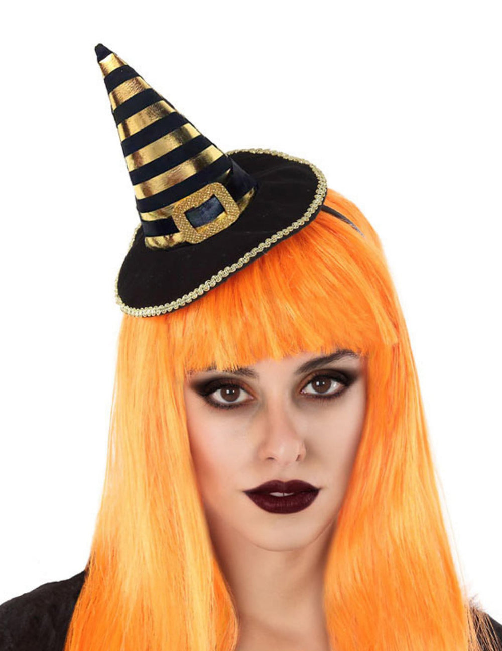 Serre-tête mini chapeau de sorcière pour adulte noir et or rayé
