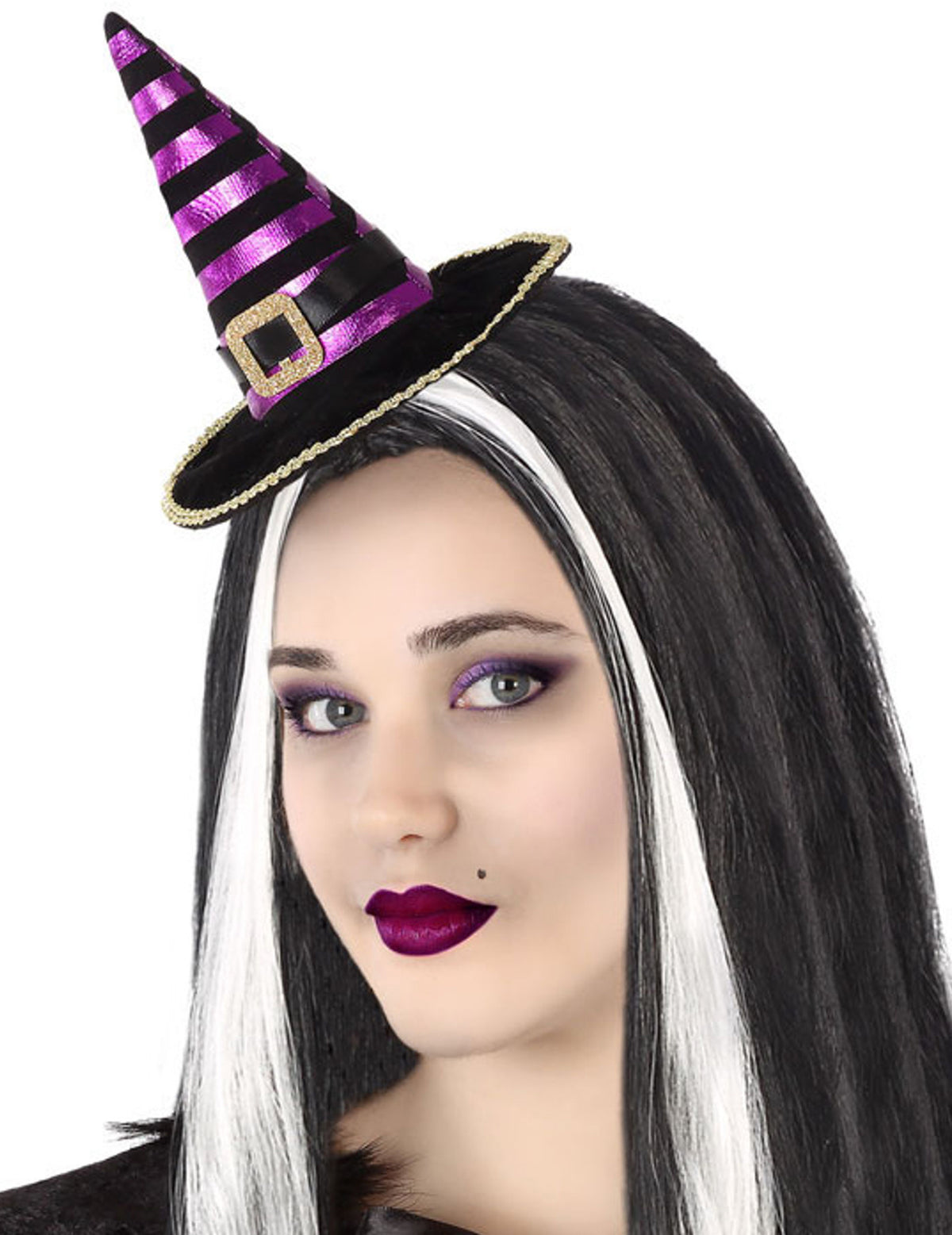 Serre-tête mini chapeau de sorcière pour adulte rayé noir et violet