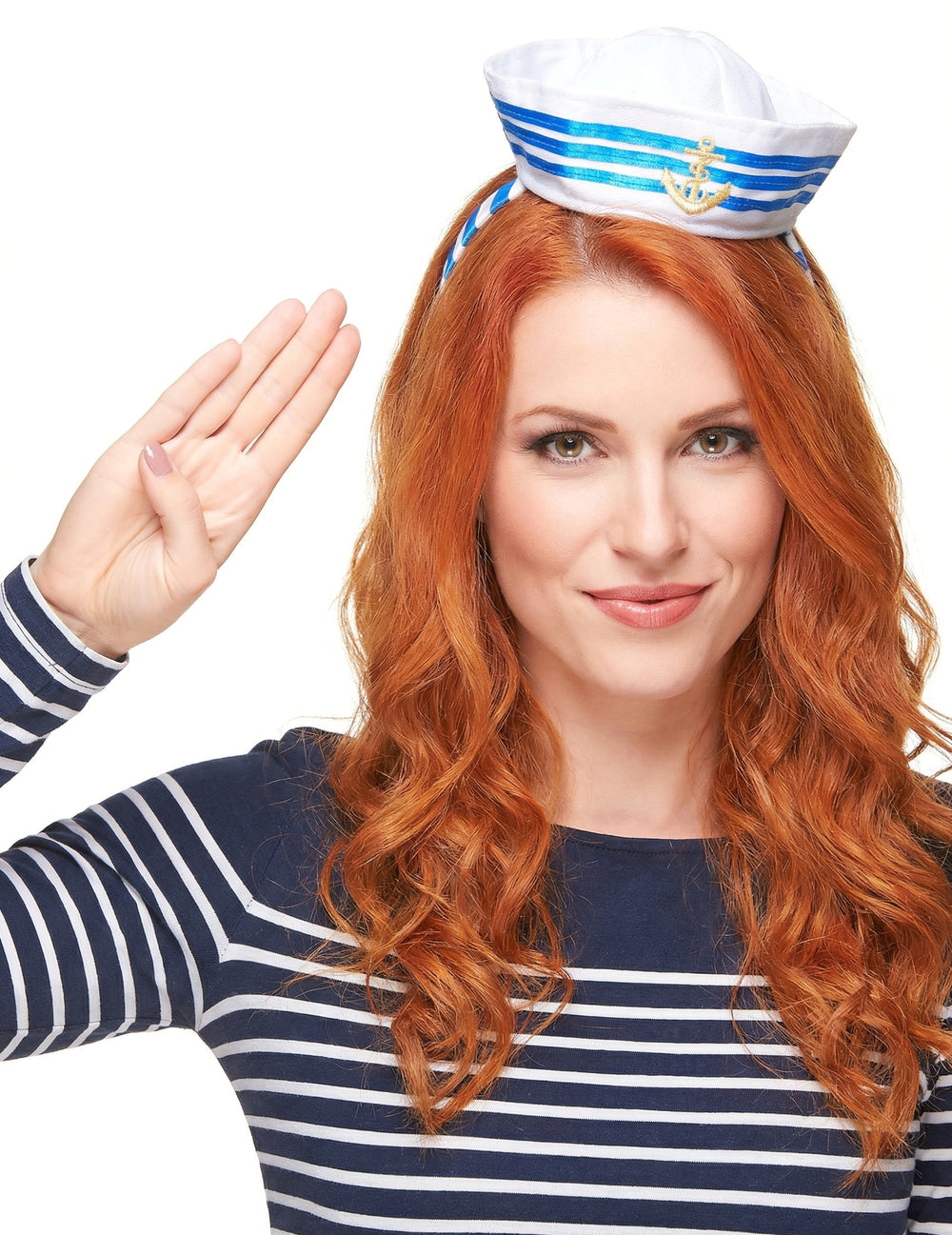 Serre-tête mini chapeau marin pour adulte blanc et bleu avec ancre dorée