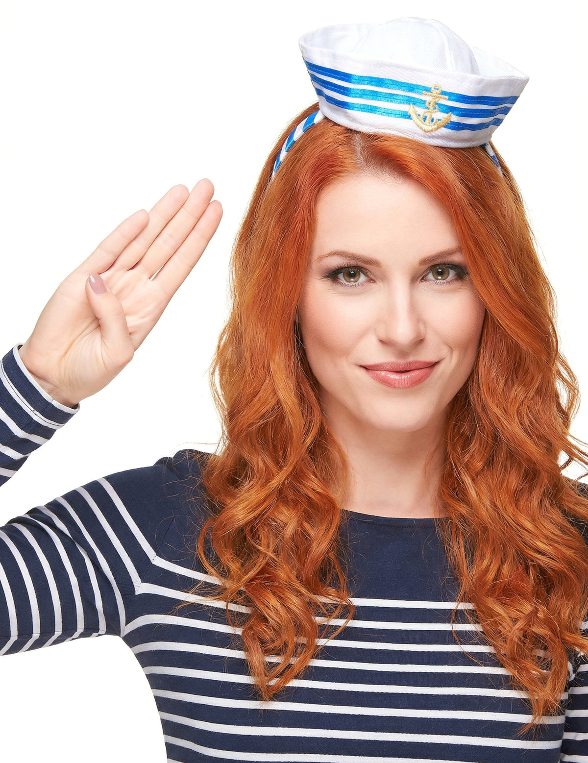 Serre-tête mini chapeau marin pour adulte blanc et bleu avec ancre dorée
