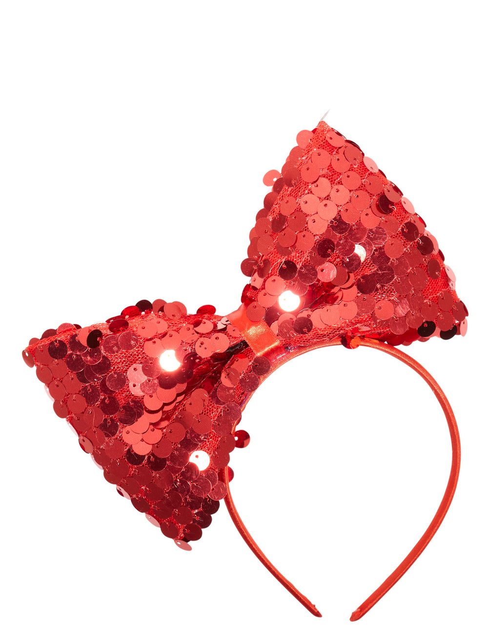 Détail des LED du serre-tête noeud à sequins pour adulte rouge