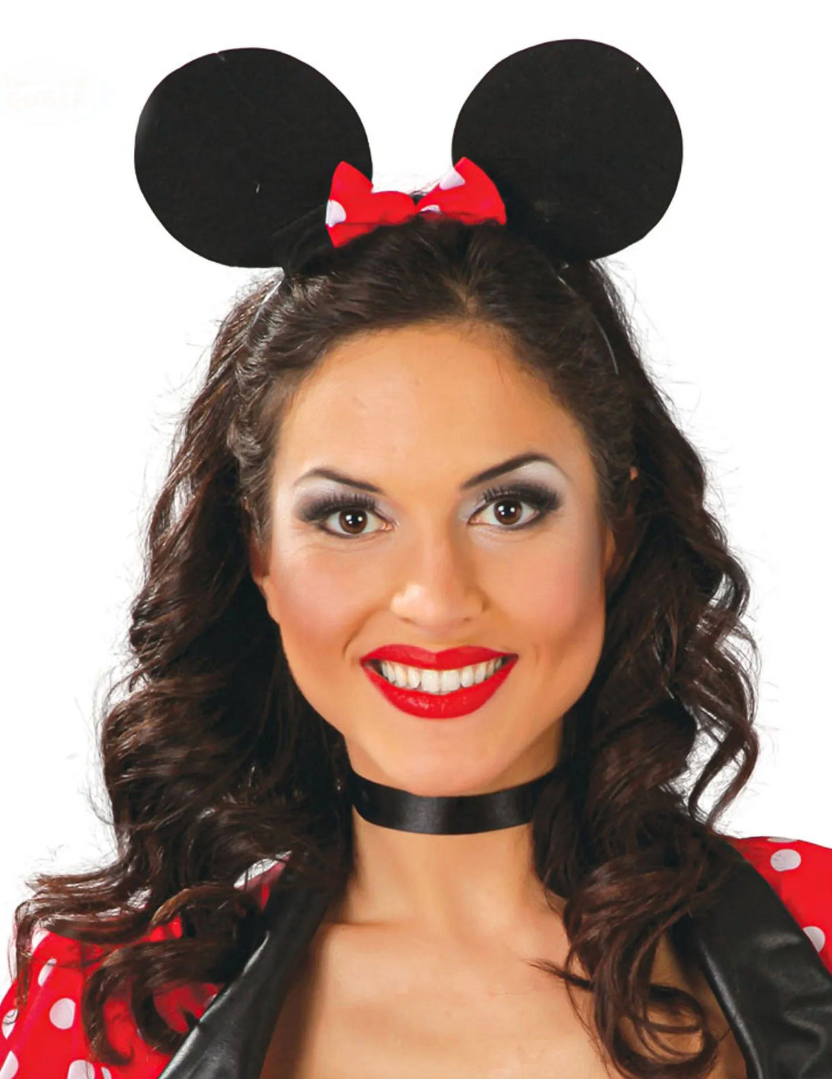 Serre-tête oreilles de souris pour femme noir avec nœud rouge à pois blancs