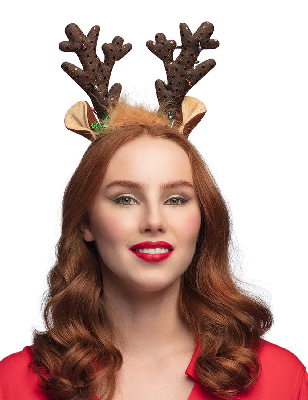 Serre-tête renne de Noël pour adulte marron avec oreilles et guirlande brillante