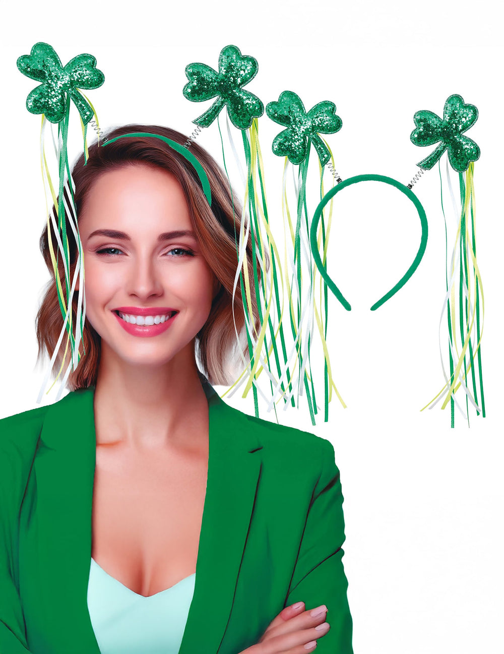Serre-tête trèfles avec rubans St Patrick pour femme vert à paillettes