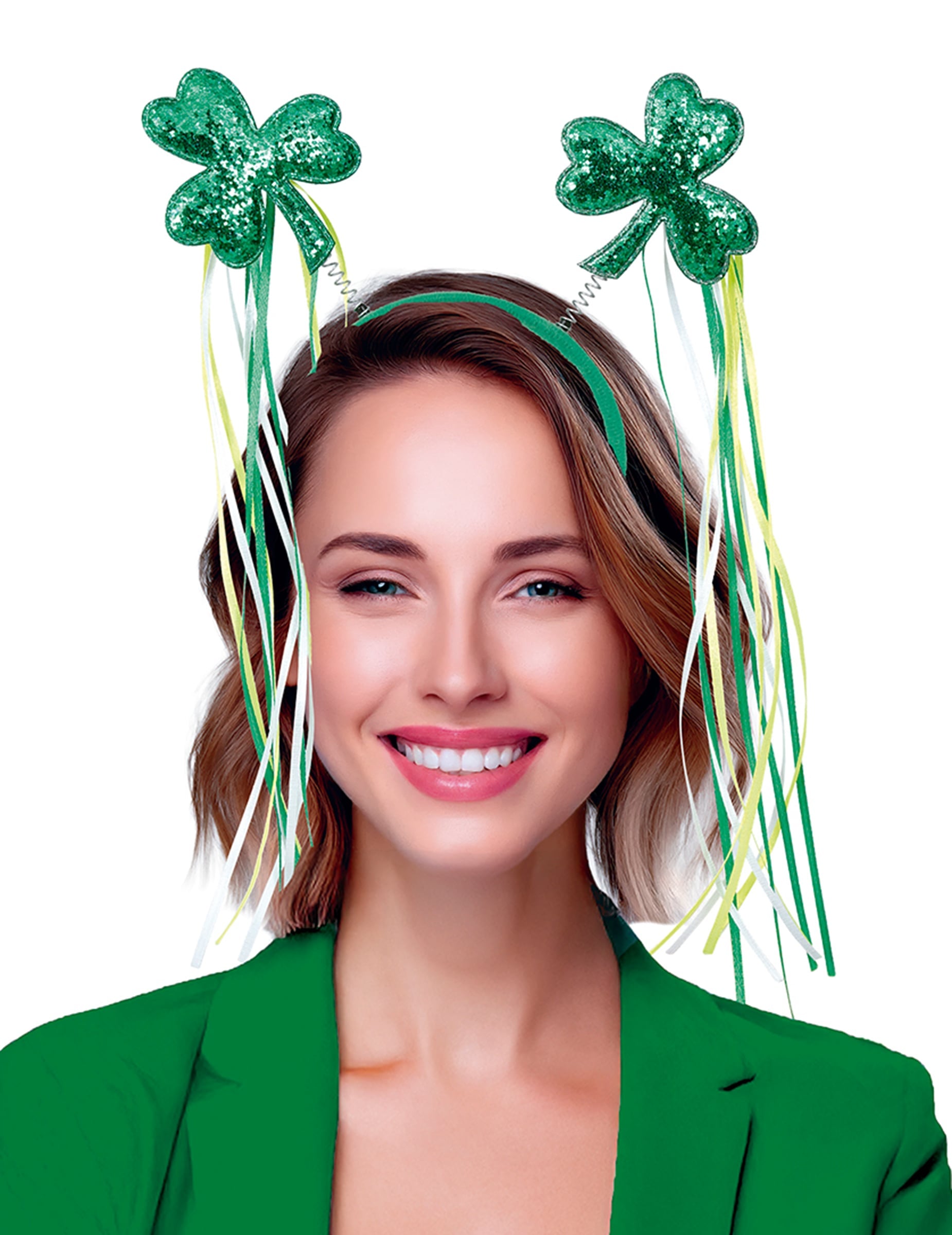 Vue de face du serre-tête trèfles avec rubans St Patrick