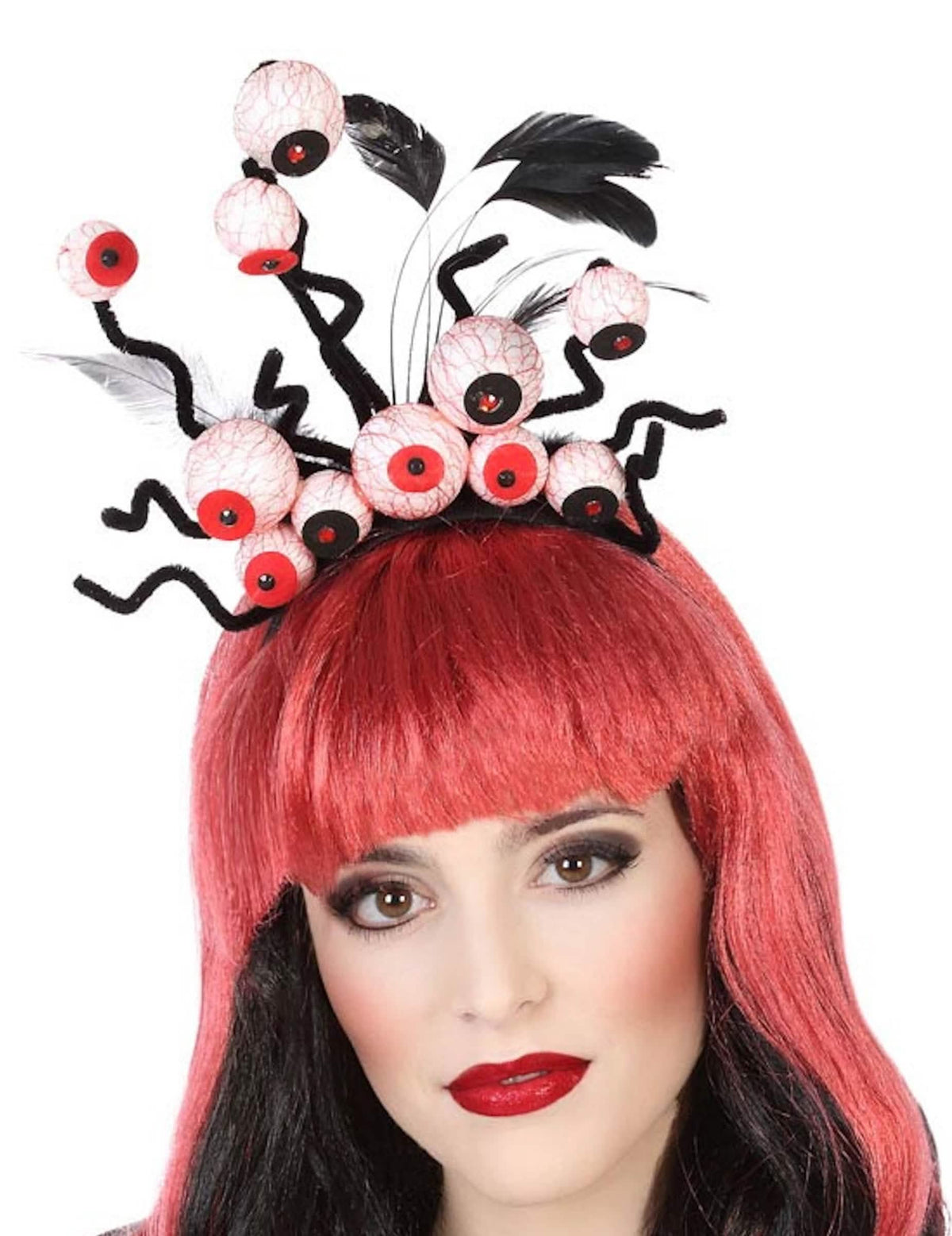 Bandolete olhos halloween para adulto preto com globos oculares ensanguentados e penas pretas