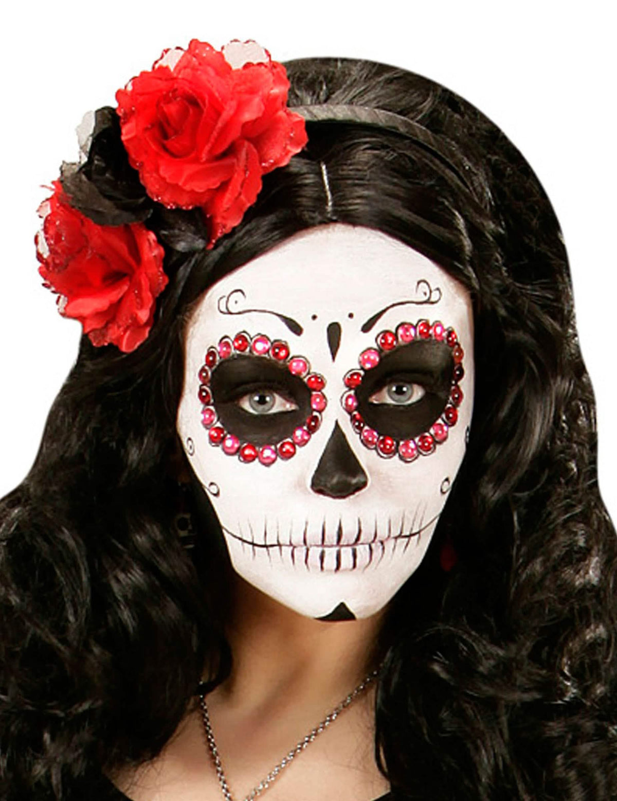 Aro para a cabeça Dia de los muertos para mulher com flores vermelhas e pretas