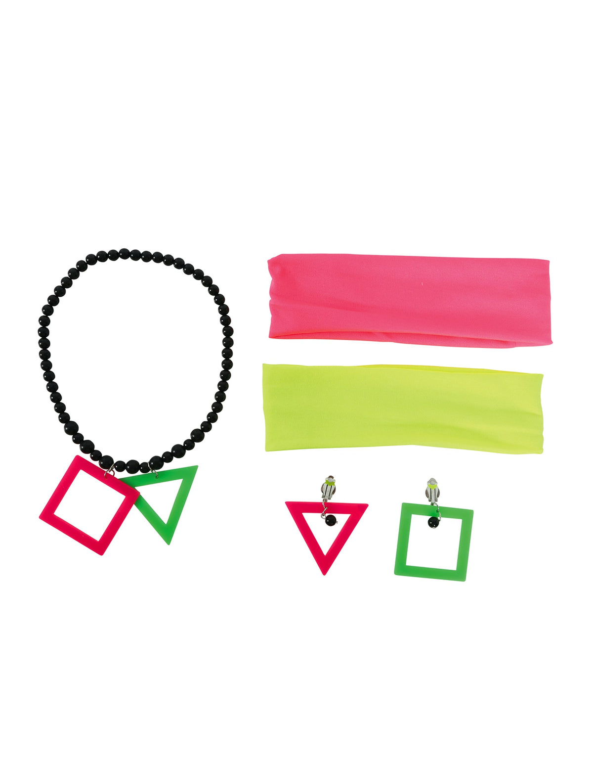 Détail du collier, des bandeaux et des boucles d'oreilles du Set 5 accessoires années 80