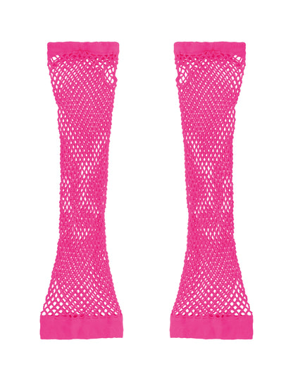 Mitaines en résille rose fluo du set accessoires années 80 pour adulte